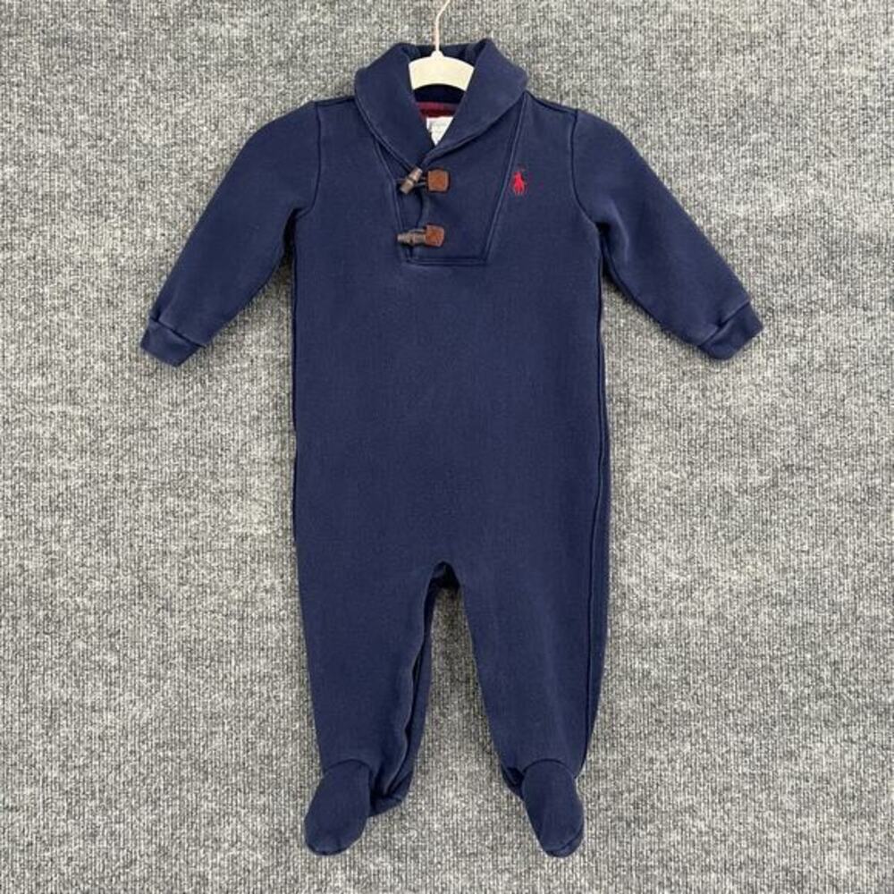 Ralph Lauren Baby One Piece Romper Size 9 Months Navy Shawl Collar Elbow Patches